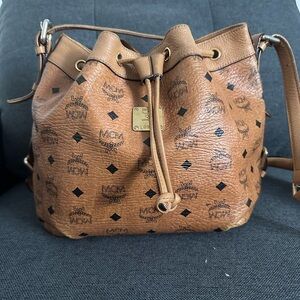 MCM Brown cognac Shoulder Bag with Iconic Monogram large bucket crossbody purse